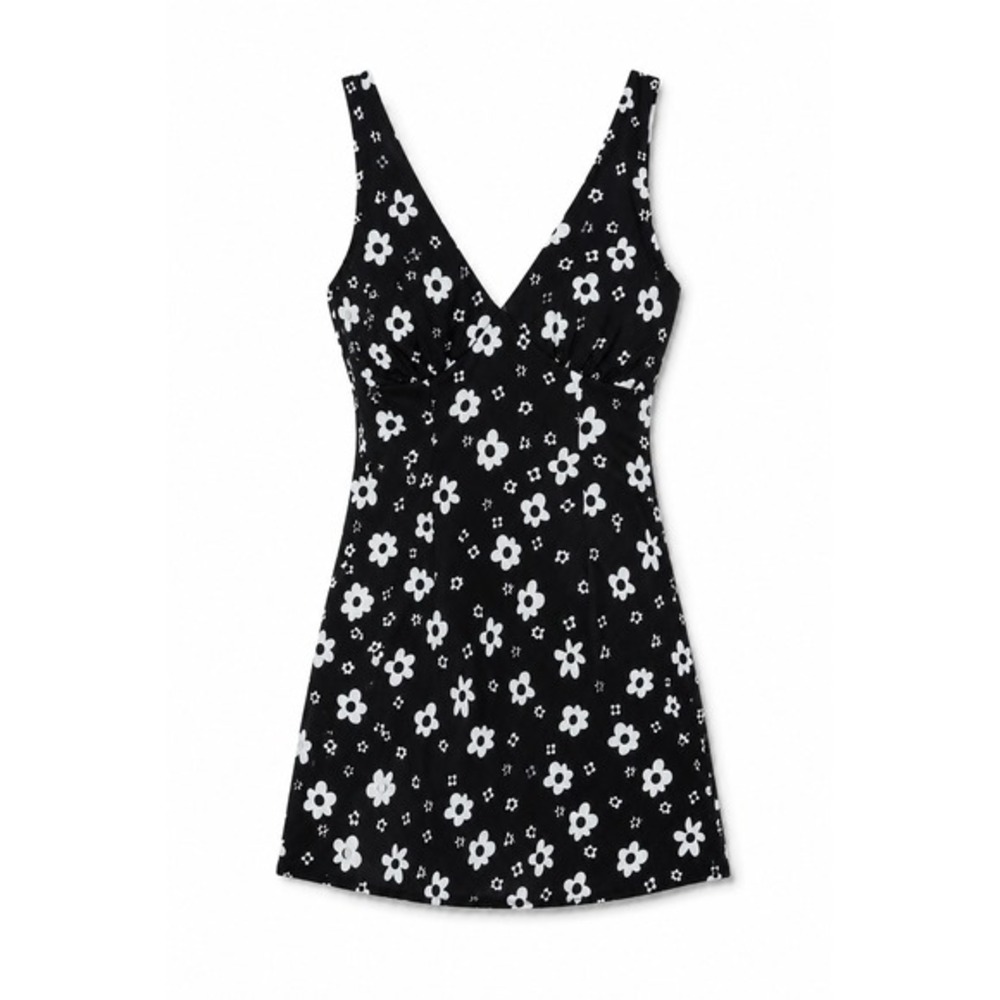 Princess Polly Quincy Mini Dress Black White Daisy Floral V-Neck Size US 2 NEW - Picture 2 of 9